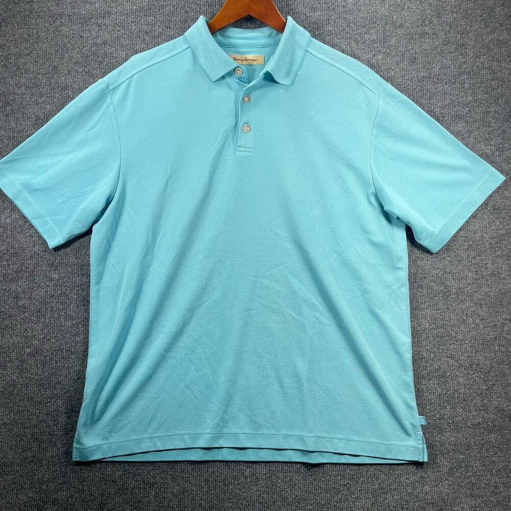 Tommy Bahama Polo Shirt Men's Large Blue Seersucker Modal Blend Beach Casual